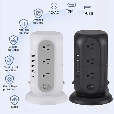 12 AC Outlets & 4 USB Ports 1 Type C  Power Strip Multi Socket Wall Socket US - Image 1 of 4