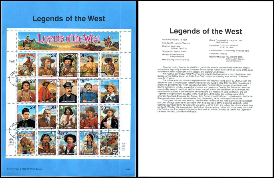 1995 Legends of the West SP1079A souvenir page full sheet Sc 2869 CV $20 - Image 1 of 1
