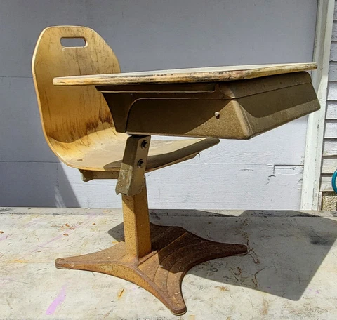 Vintage School Desk with Desk Compartment Cover