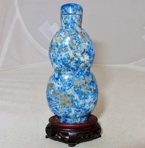 Vintage? 3.1" Chinese Carved Blue Lapis Lazuli or Sodalite Snuff Bottle w/ Stand - Picture 1 of 12