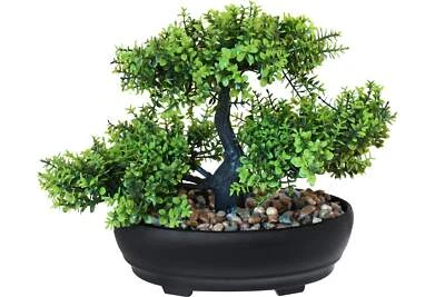 Künstlicher Bonsai Baum Japanische Buchsbaum grün 20 cm im Topf mit Steindeko - Bild 1 von 4