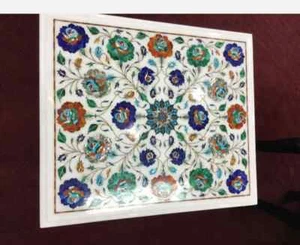 18"x12'' white marble table top center inlay lapis antique home decor c11 - Picture 1 of 4