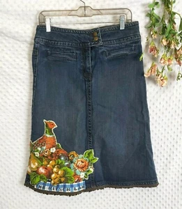 Upcycled Cabi Skirt Denim Jean Cottagecore Retro Gingham Farmhouse Med 8 Kitch - Picture 1 of 5