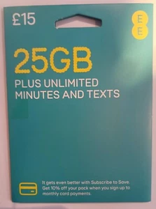 £15 EE Sim Card Pay As You Go Pack 25GB Data Unlimited SMS - Picture 1 of 1