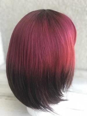 Ashro Human Hair Blend Black Burgundy Bangs Wig 2CBURG Middle Length Bob Average - Image 1 of 4