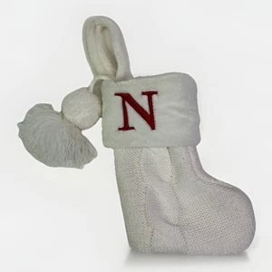 St. Nicholas Square Monogram N Mini 8” Christmas Stocking Cable Knit Pom Pom EUC - Picture 1 of 3