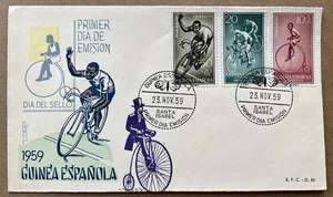 Spanish Guinea 1959 Stamp Day FDC • Bike Races • Hand Painted Sports Cachet - Picture 1 of 5
