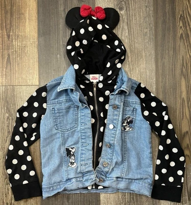 Disney Junior Minnie Mouse Girls Denim Jacket Jean Size 6 Polkadot Hooded Ears - Image 1 of 4