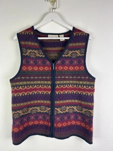 Vintage Boiled Wool Vest Large Woman L Studio Works Full Zip Multicolor Print - Picture 1 of 3