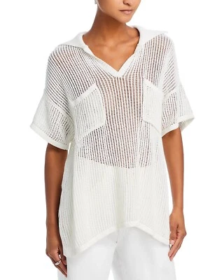 VINTAGE HAVANA Open Knit Sheer Crochet Pockets Polo Tunic Sweater S White NWT - Image 1 of 4