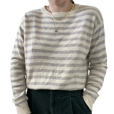 Suéter Line Mujer Gris Blanco Rayas 100% Cachemira Preppy Suave Talla Pequeña S Foto 1 de 4