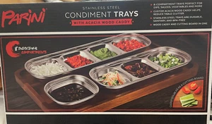 Parini Stainless Steel Condiment Trays with Acacia Wood Caddy NEW in Box - Picture 1 of 5