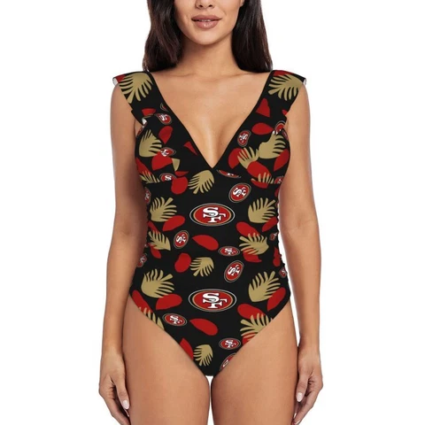 San Francisco 49ers Women's Ruffle One Piece Swimsuit Hawaiian Printed Swimsuit Cover