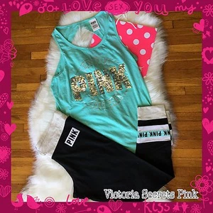 NEW VICTORIA'S SECRET PINK BLING SIQUINCE Tank & Yoga Legging Pant Set Turquoise - Picture 1 of 3