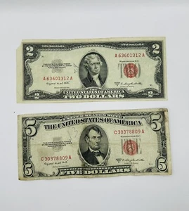 1953 B Series Five & Two Dollar Red Seal Notes. Old US Bill $5 & $2 - Picture 1 of 2
