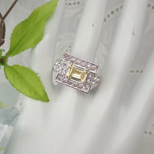 Pale Yellow CZ Clear Accent Rhodium Plated Designer Size 8 1/2 Cocktail Ring - Picture 1 of 9