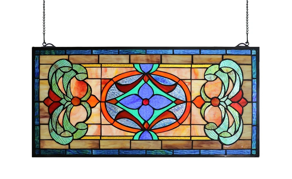 Extra Large Horizontal Transom Window Stained Glass Window Panels Hanging 26"... - Image 1 of 4