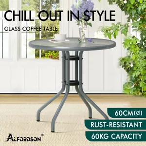 ALFORDSON Outdoor Furniture Patio Coffee Side Table Garden 60CM Glass Grey - Picture 1 of 11