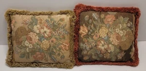 2 Small 8"X6" Fringed Floral Aubusson Style Tapestry Pillows Cottage Core Italy - Picture 1 of 5