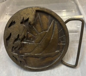 Vintage 1977 Belt Buckle Sail Boat - Indiana Metal Craft Sunset Palm Tree - Picture 1 of 2