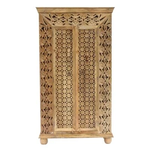 Schrank Mahima aus Indien Mangoholz Schnitzerei Schlafzimmer Natur 180 cm  - Bild 1 von 7