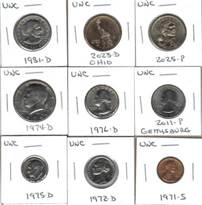 NINE VARIOUS UNCIRCULATED U.S. COINS - NICE MIX - SIX DENOMINATIONS - Picture 1 of 8