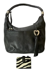 Brighton Schultertasche schwarz genarbtes Leder geflochtener Riemen & Zebramuster Geldbörse - Bild 1 von 16