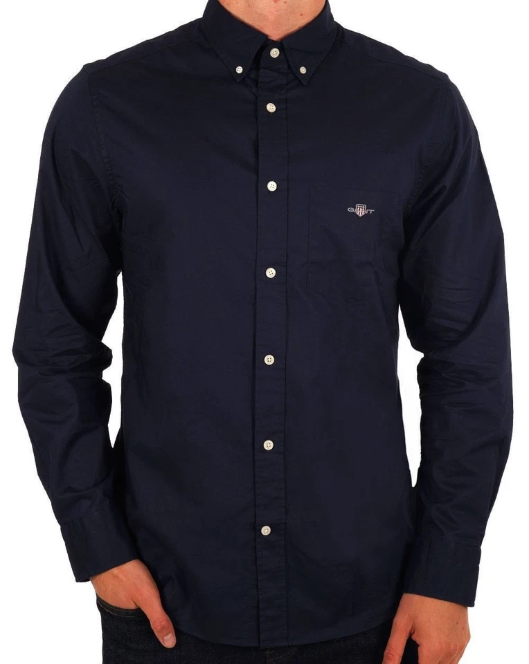 GANT Mens Regular Fit Long Sleeve Poplin Shirt - 410 Marine