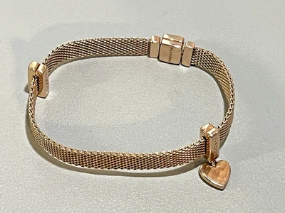Pandora Rose Gold Reflexions Mesh Bracelet 6” Two Charms Heart and Rhinestones - Image 1 of 4