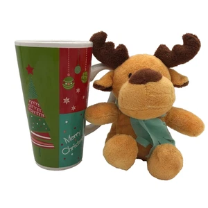 Tall Ceramic Merry Christmas Holiday Coffee Mug With Reindeer Plush Ornament - Picture 1 of 7