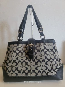 Borsa Coach Signature Hampton in pelle e tela con fibbia accento nero grigio - Foto 1 di 13