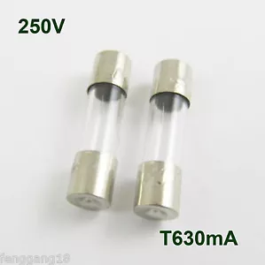 50 piezas fusible de tubo de vidrio 5 mm x 20 mm T630mA 630 mA 0,63 amperios T0,63A 250 V soplado lento - Imagen 1 de 8
