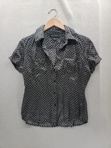 INC International Concepts 100% Silk black & White Button down Blouse Size-6 - Picture 1 of 5