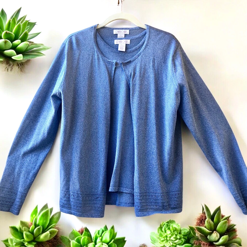 Cherokee Blue Cardigan Sweater & Tank Top Twin Set Womens Large Vtg Hong Kong - Image 1 of 4