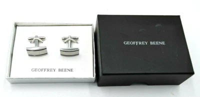  GEOFFREY BEENE GEMELOS RECTANGULARES 1" TONO PLATA SATINADO RAYAS NEGRAS NUEVOS EN CAJA Foto 1 de 3