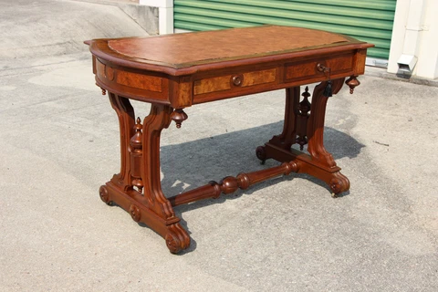 Walnut Victorian Renaissance Revival Partner’s Desk Library Table w Fancy Base Cover