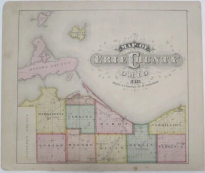 Original 1874 Map ERIE COUNTY Ohio Kelley's Island Sandusky Milan Canal Castalia - Image 1 of 4