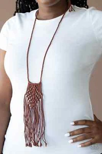 Paparazzi "Macrame Mantra" Bohemian Brown Knotted Cord Fringe Necklace - Picture 1 of 4