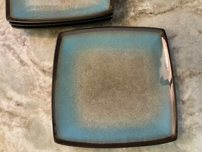Square Salad Plates Taupe And Blue. Tequesta By Gibson Elite. 8 Inch Set 4. New. - Image 1 of 4