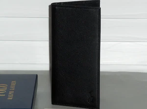 POLO RALPH LAUREN Men's Full Grain Leather Narrow Wallet Checkbook, BLACK, NIB - Picture 1 of 22