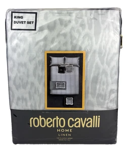 Roberto Cavalli KING Duvet Cover Set Light Gray Leopard Print Luxury Bedding - Picture 1 of 21