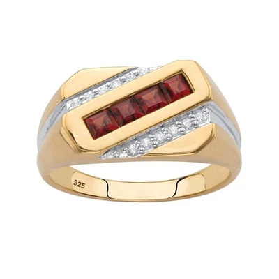 Granada vermelha genuína quadrada de prata esterlina folheada a ouro amarelo PalmBeach masculina... - Imagem 1 de 4