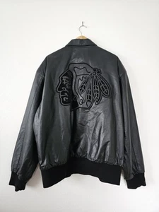 Jeff Hamilton 90's Vintage Chicago Blackhawks Blackout Leather Jacket Size 2XL - Picture 1 of 6