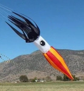 11’ Black Flying Squid Kite Line Laundry, Into the Wind, Pole Art Flag 3D 3,35m - Bild 1 von 10