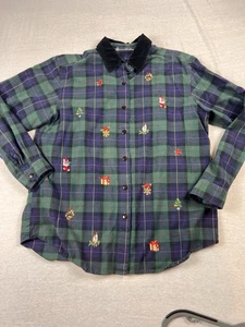 Vintage Weihnachten bestickte Designs Flanell Hemd grün kariert Gr. S Samtkragen - Bild 1 von 10