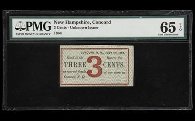 1864 NEW HAMPSHIRE Concord Civil War Union 3c Obsolete Banknote Currency, PMG 65 - Image 1 of 4