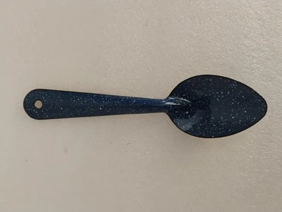 Vtg White Speckled Blue Enamelware Metal Spoon Farmhouse Kitchen 7" Long - Image 1 of 3