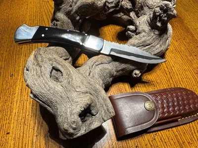 Hand Made San Mai Stainless Damascus Steel lock back folding pocket knife Horn - Image 1 of 4