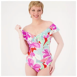 Susan Graver Soleil Shoulder Ruffle One-Piece Swimsuit Fuchsia Floral Size 2 NEW - Picture 1 of 3
