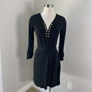 MICHAEL Michael Kors Womens Small Black Waist Tie Stretch Dress Roll Tab Sleeve - Picture 1 of 13